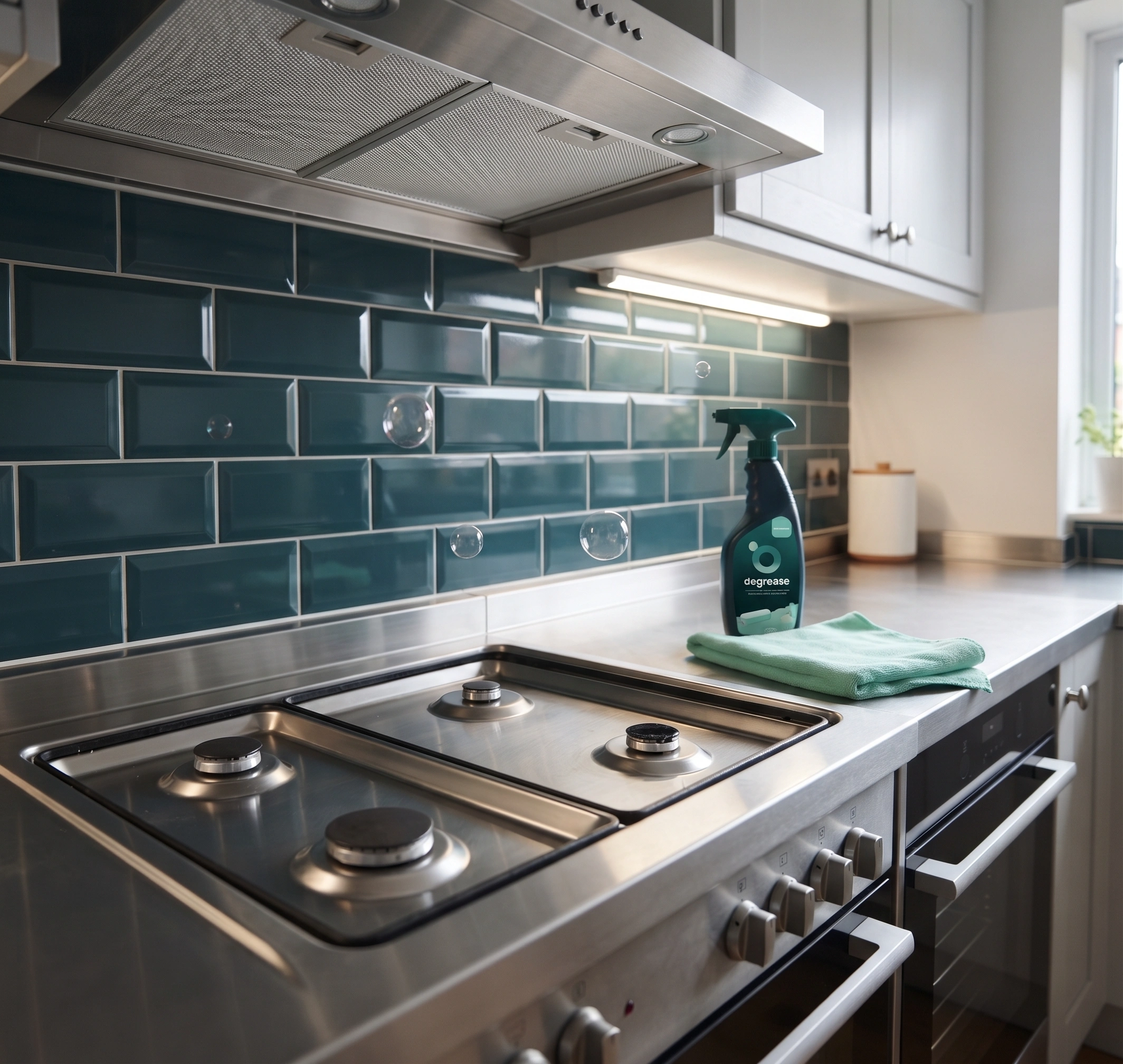 Kitchen hob, hood and tiles being degreased by an Apni Chhat cleaner
