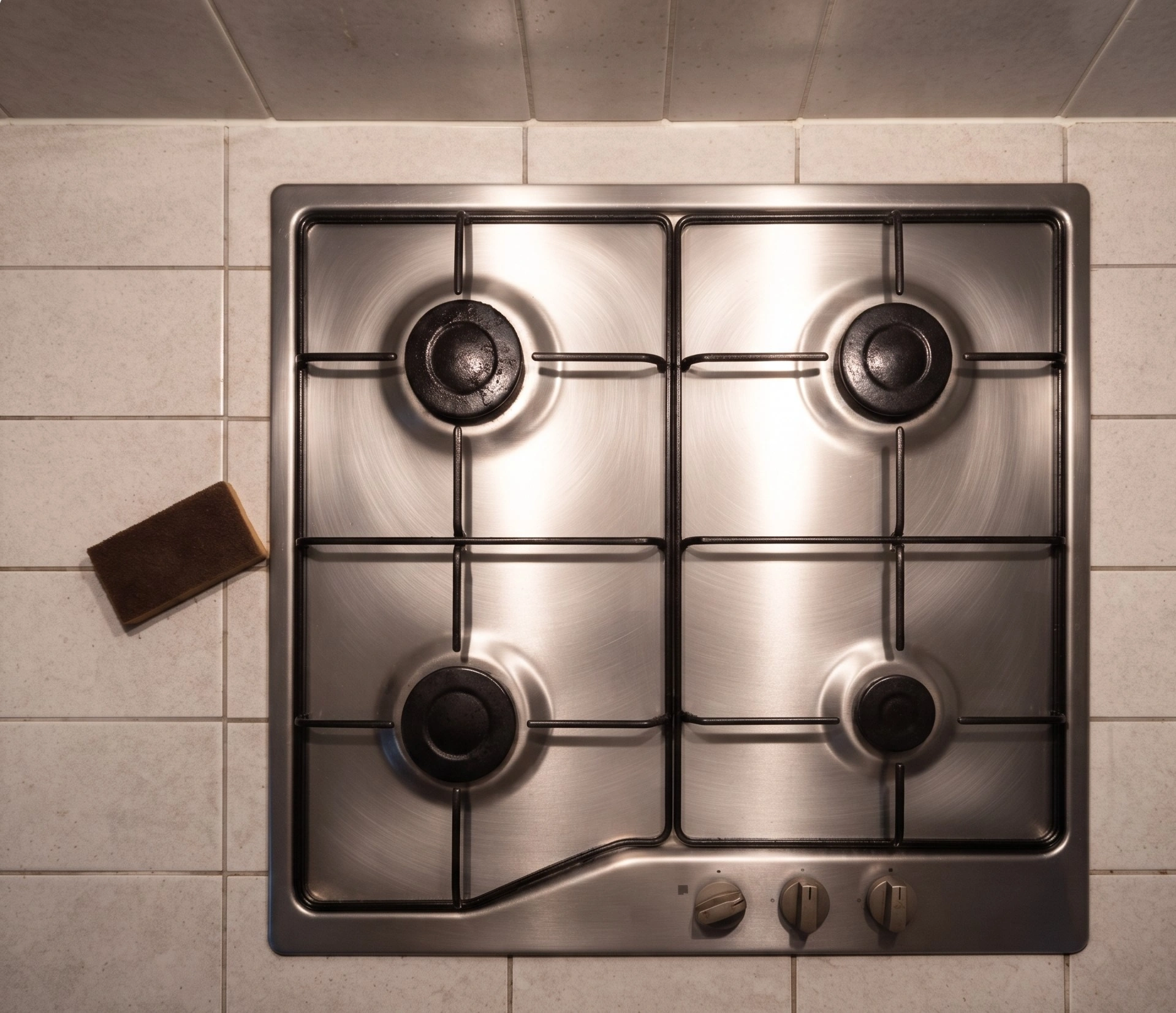 The same kitchen after degreasing, with clean tile, hood and hob