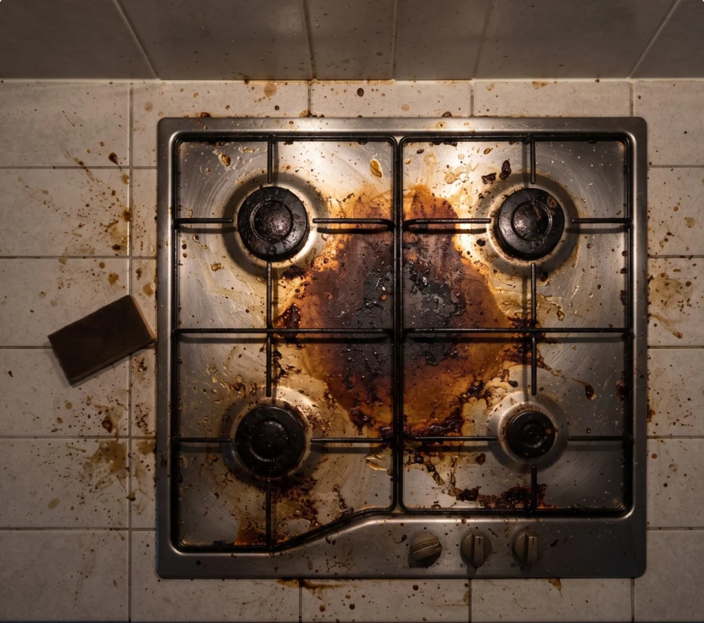Kitchen in Islamabad before cleaning, with burnt-on grease on the hob, hood and wall tiles