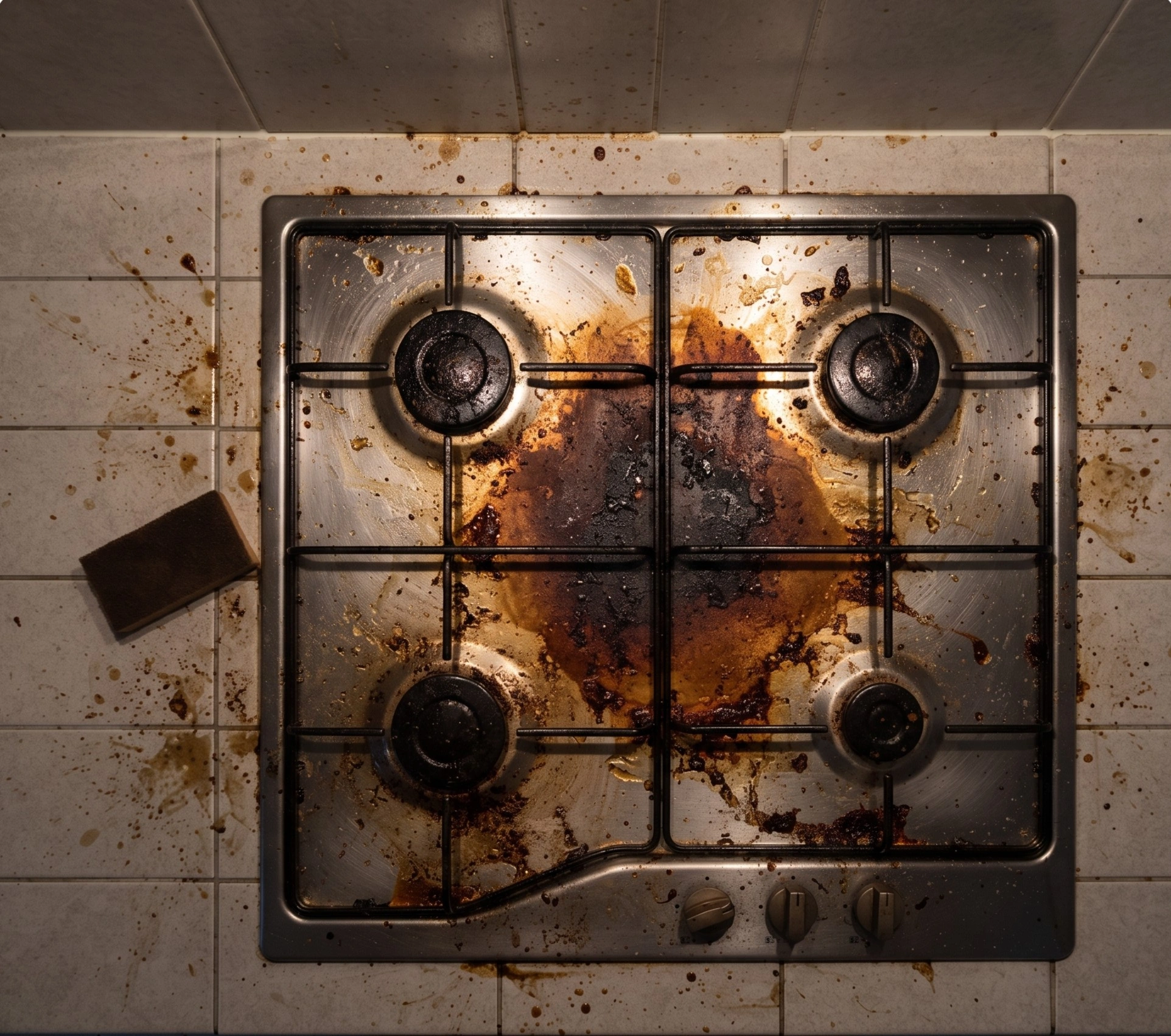 Kitchen in Islamabad before cleaning, with burnt-on grease on the hob, hood and wall tiles