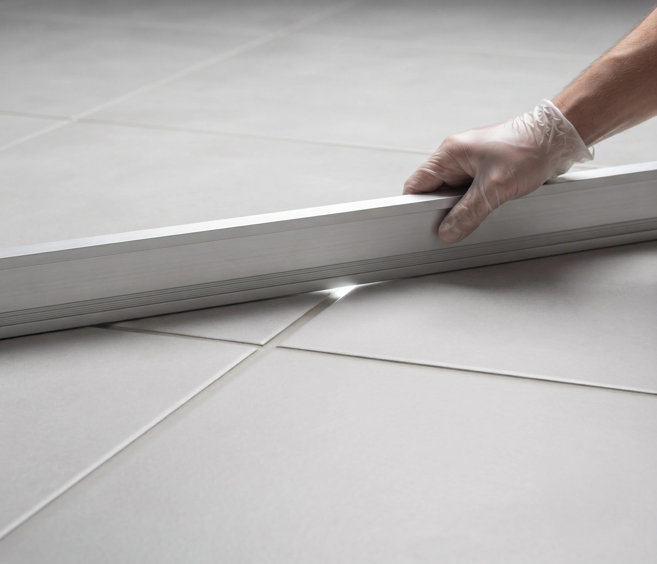 Finished tiling being checked flat with a straight edge before grouting