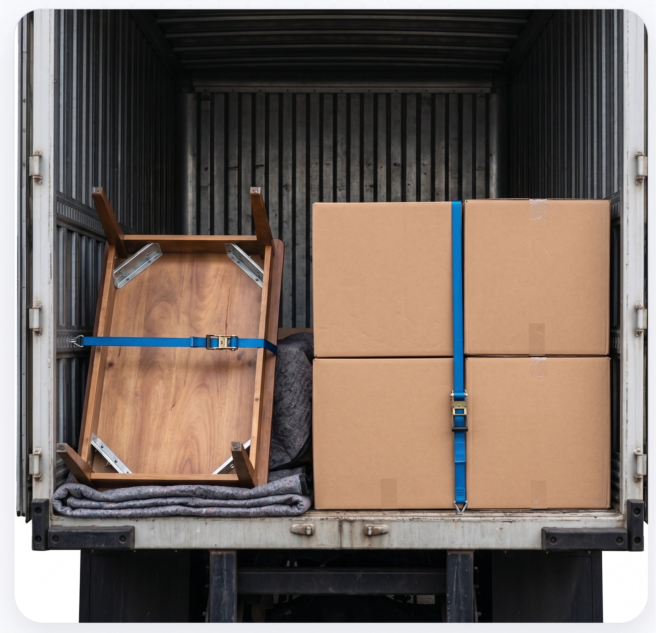 The same load stacked square on blankets and held with ratchet straps