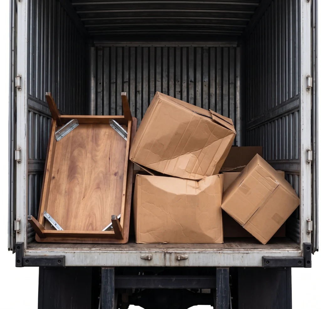 Truck body in Islamabad with boxes loaded loose on their sides and nothing strapped down