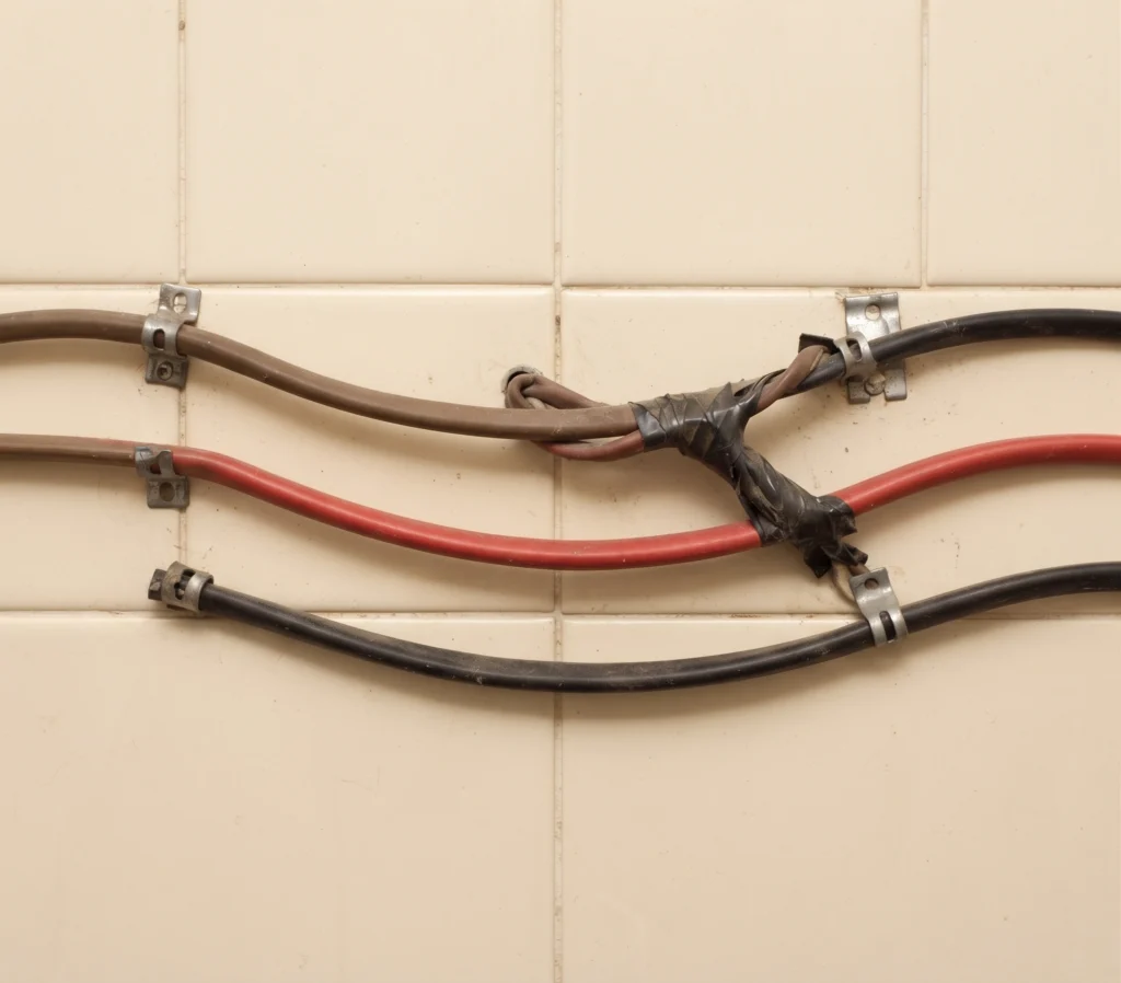 Loose electrical cable taped along a wall in Islamabad with open joints