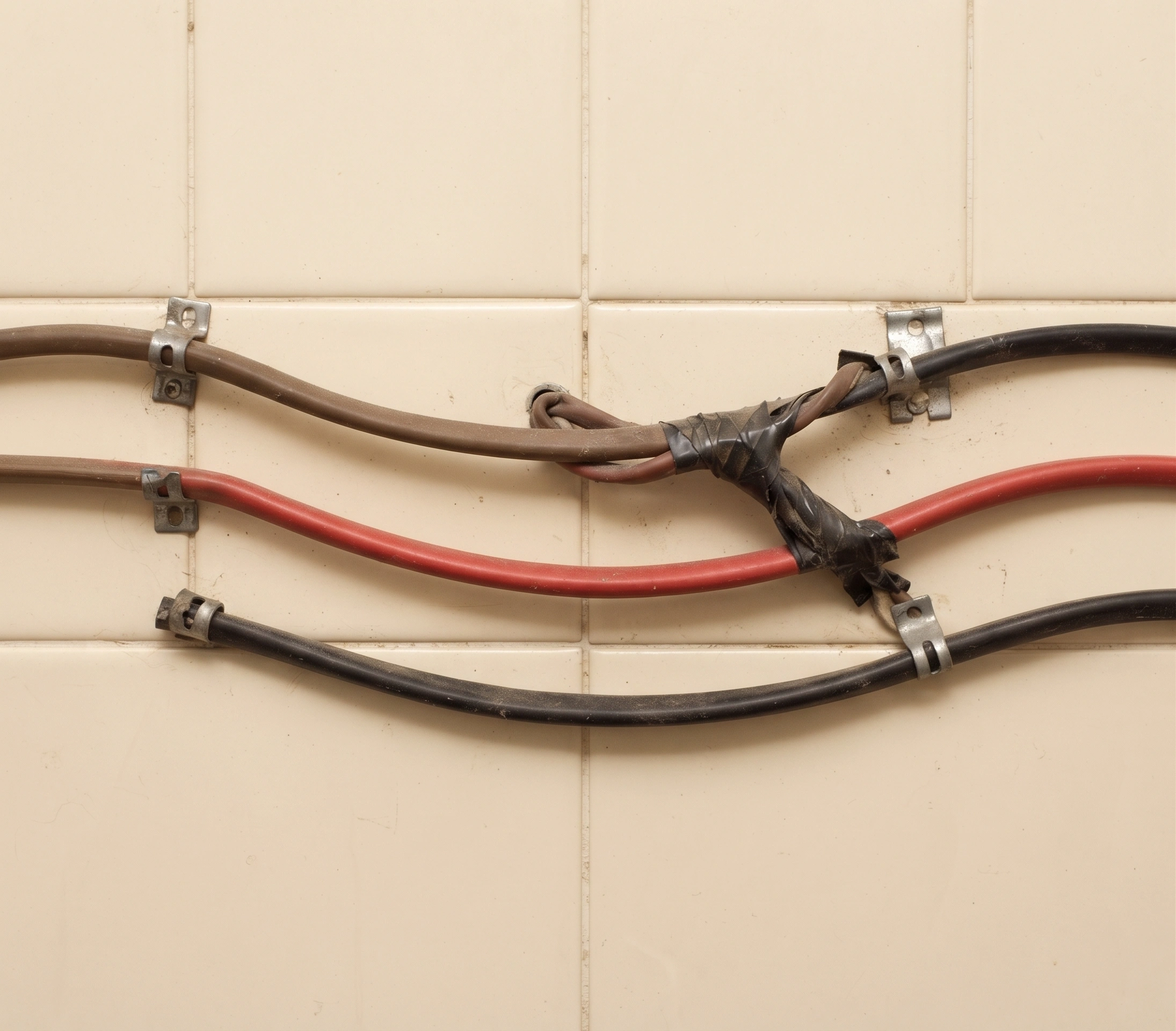 Loose electrical cable taped along a wall in Islamabad with open joints