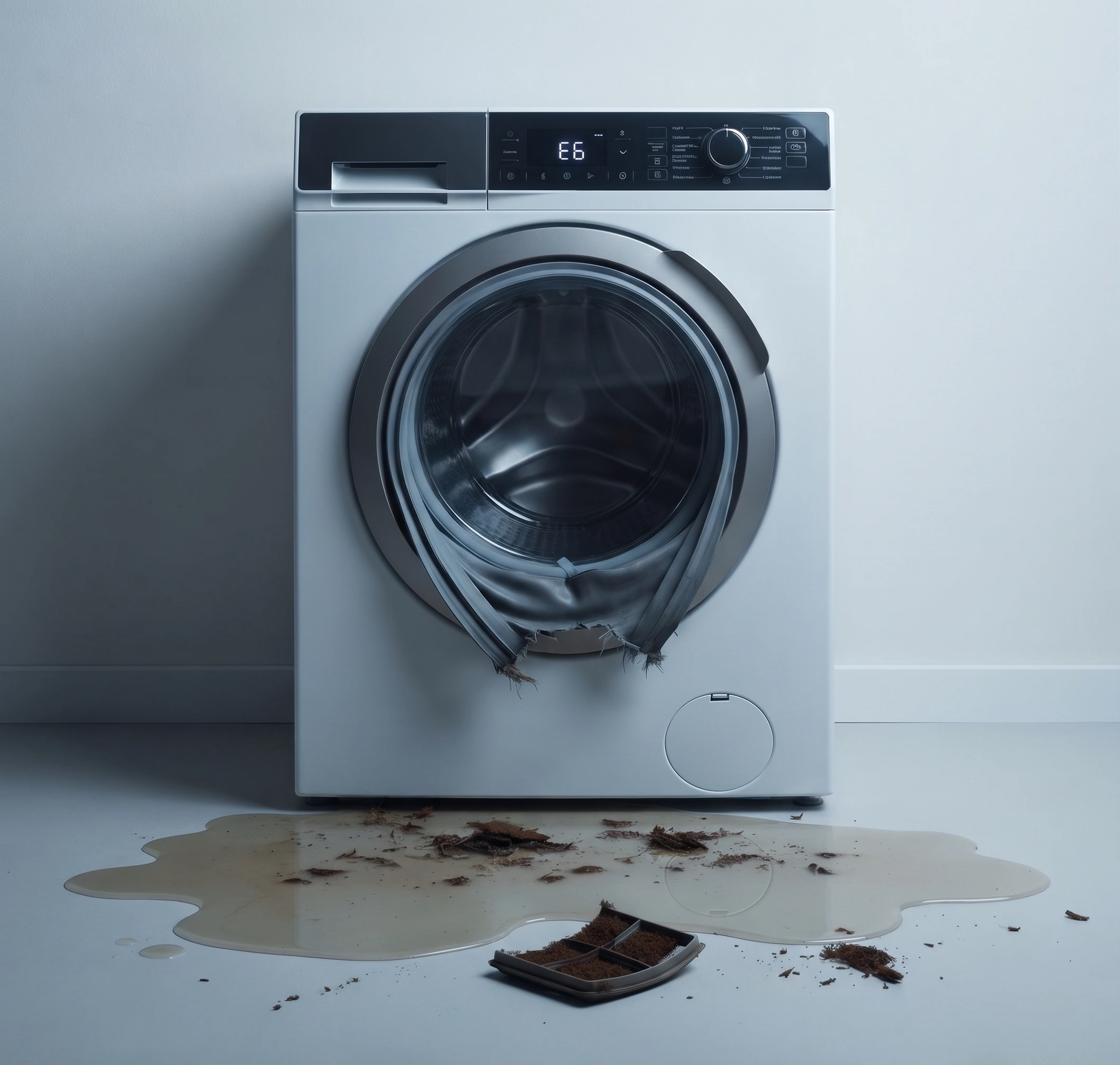 Washing machine in Islamabad showing an error, leaking water with a choked pump filter