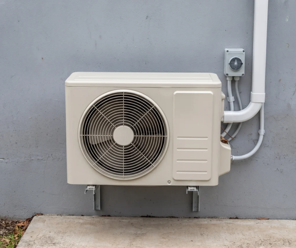The same unit bracket-mounted and level, with pipework in trunking and a boxed isolator