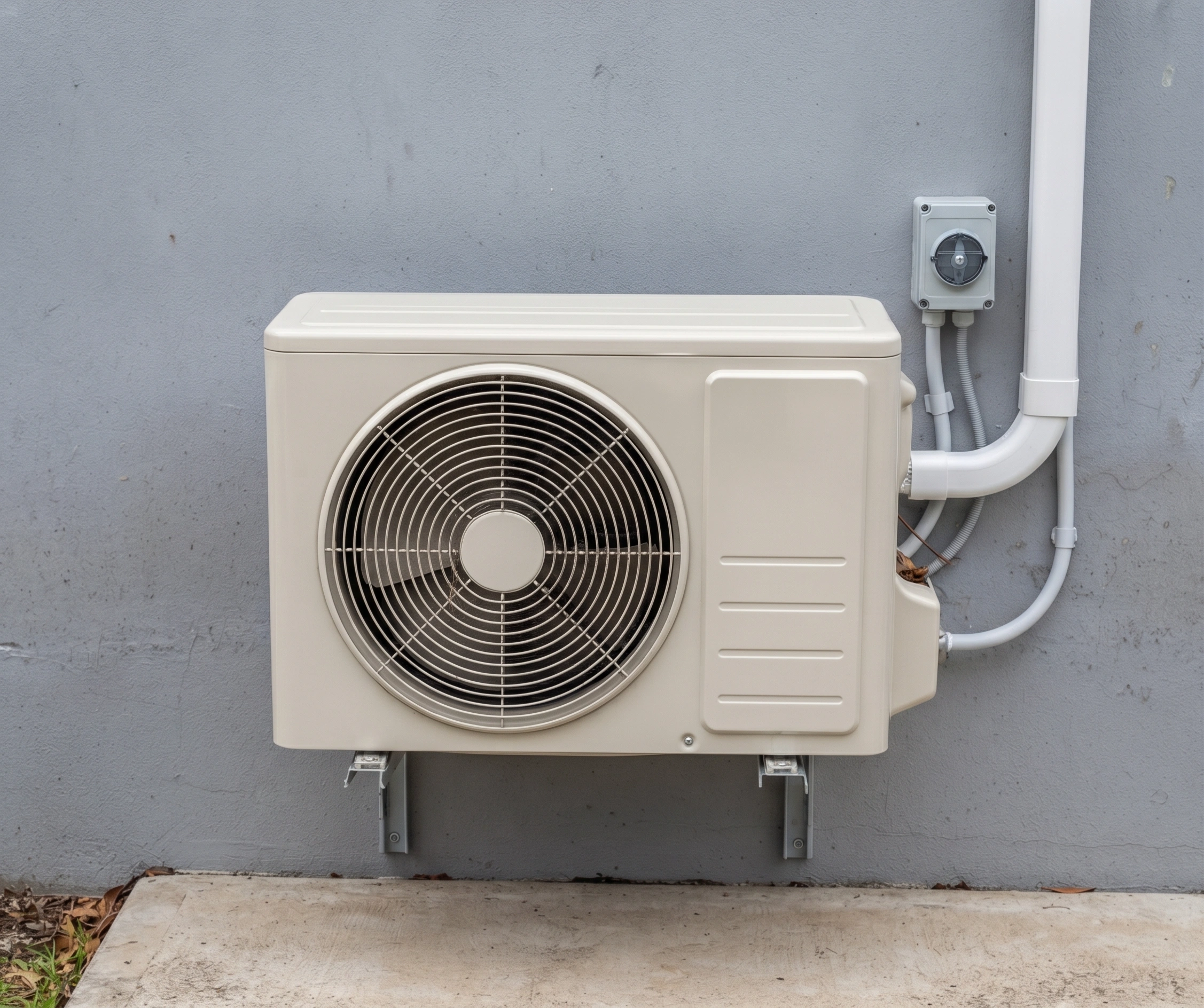 The same unit bracket-mounted and level, with pipework in trunking and a boxed isolator
