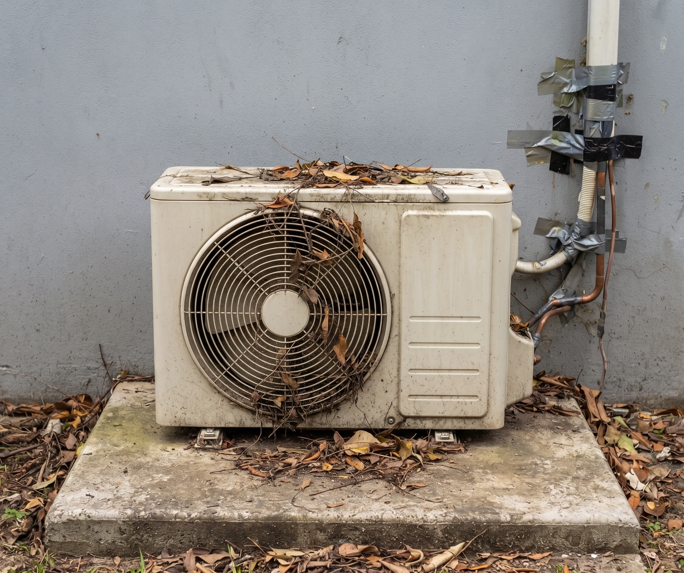 AC outdoor unit sitting on the ground in Islamabad, rusted, with taped pipework and leaves against the grille