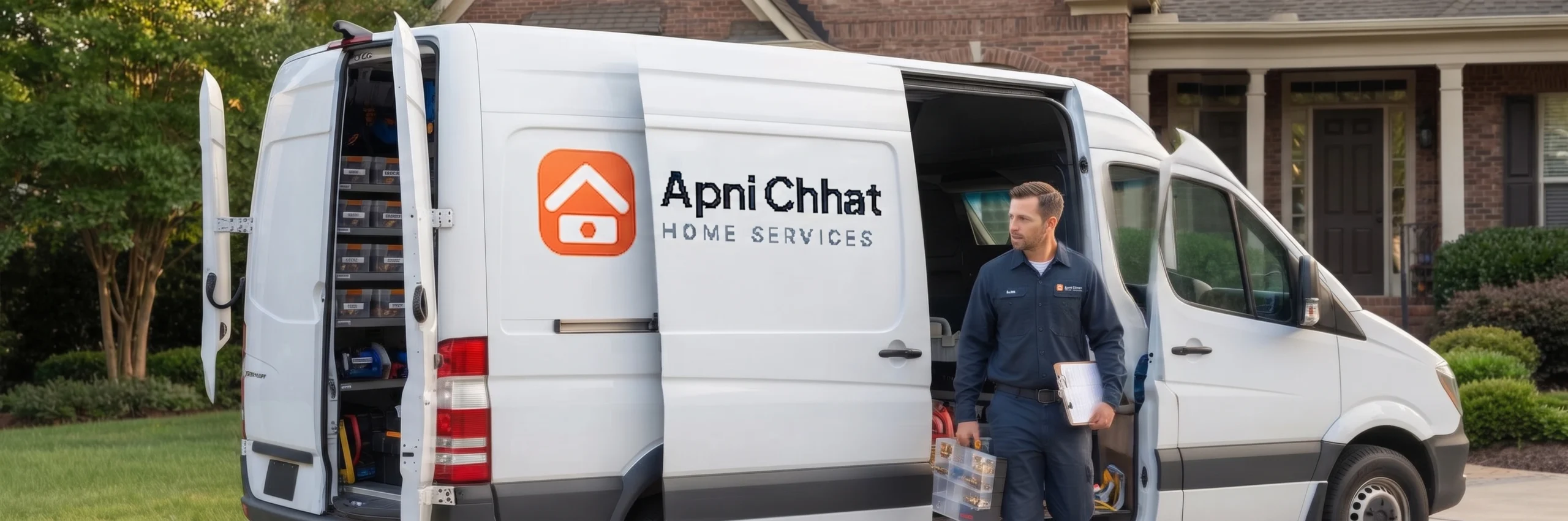 Apni Chhat plumber arriving at the door with his tools and parts