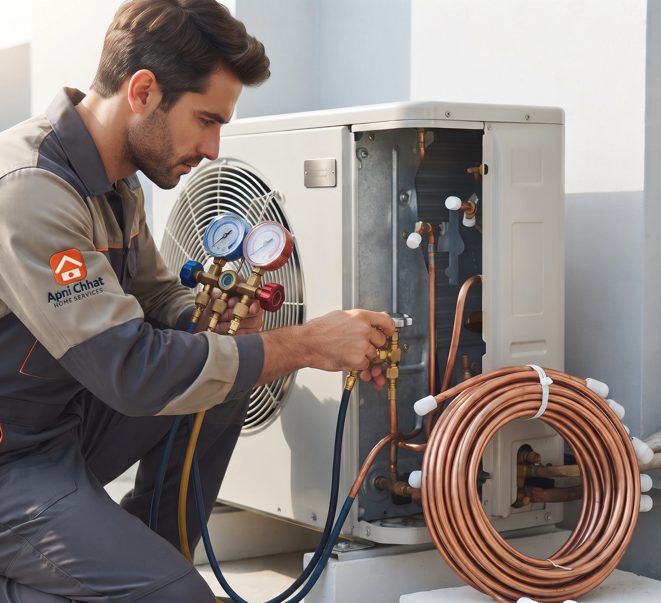 AC unit being dismounted and shifted by an Apni Chhat technician