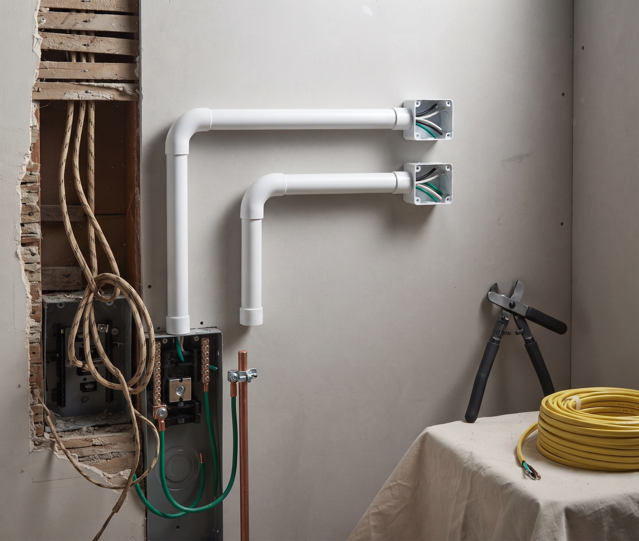 New electrical wiring run in conduit during construction in Islamabad