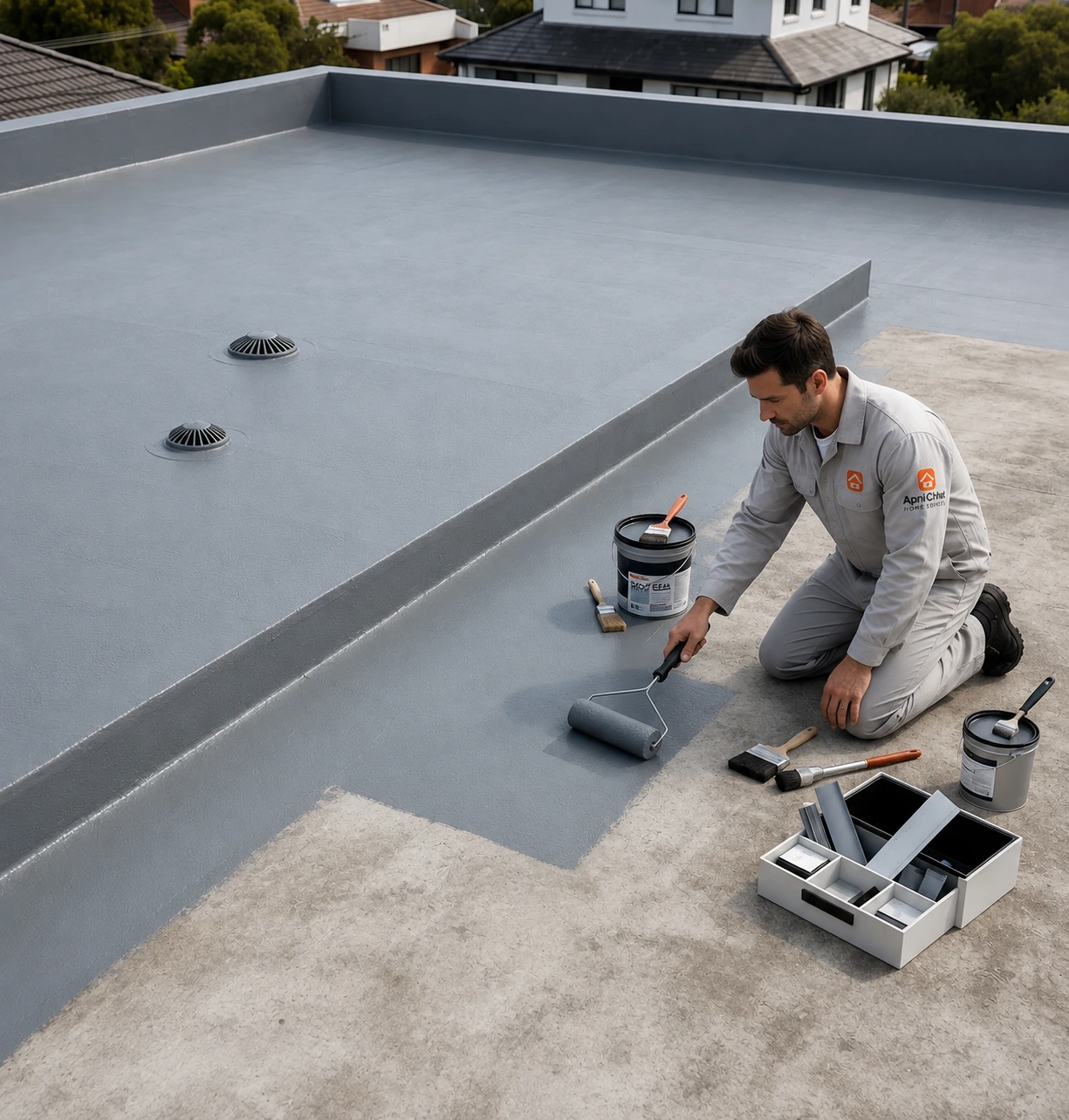 Apni Chhat crew applying roof waterproofing on an Islamabad rooftop