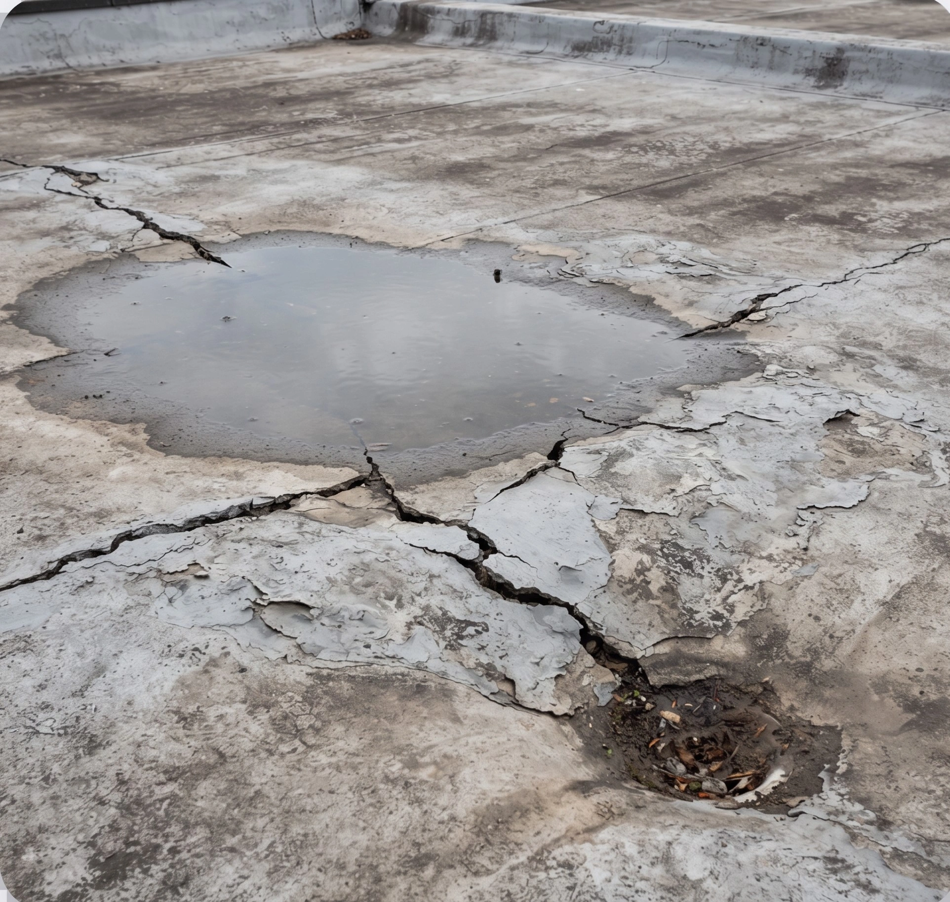 Roof slab in Islamabad with standing water, cracks and blistered old waterproof coating