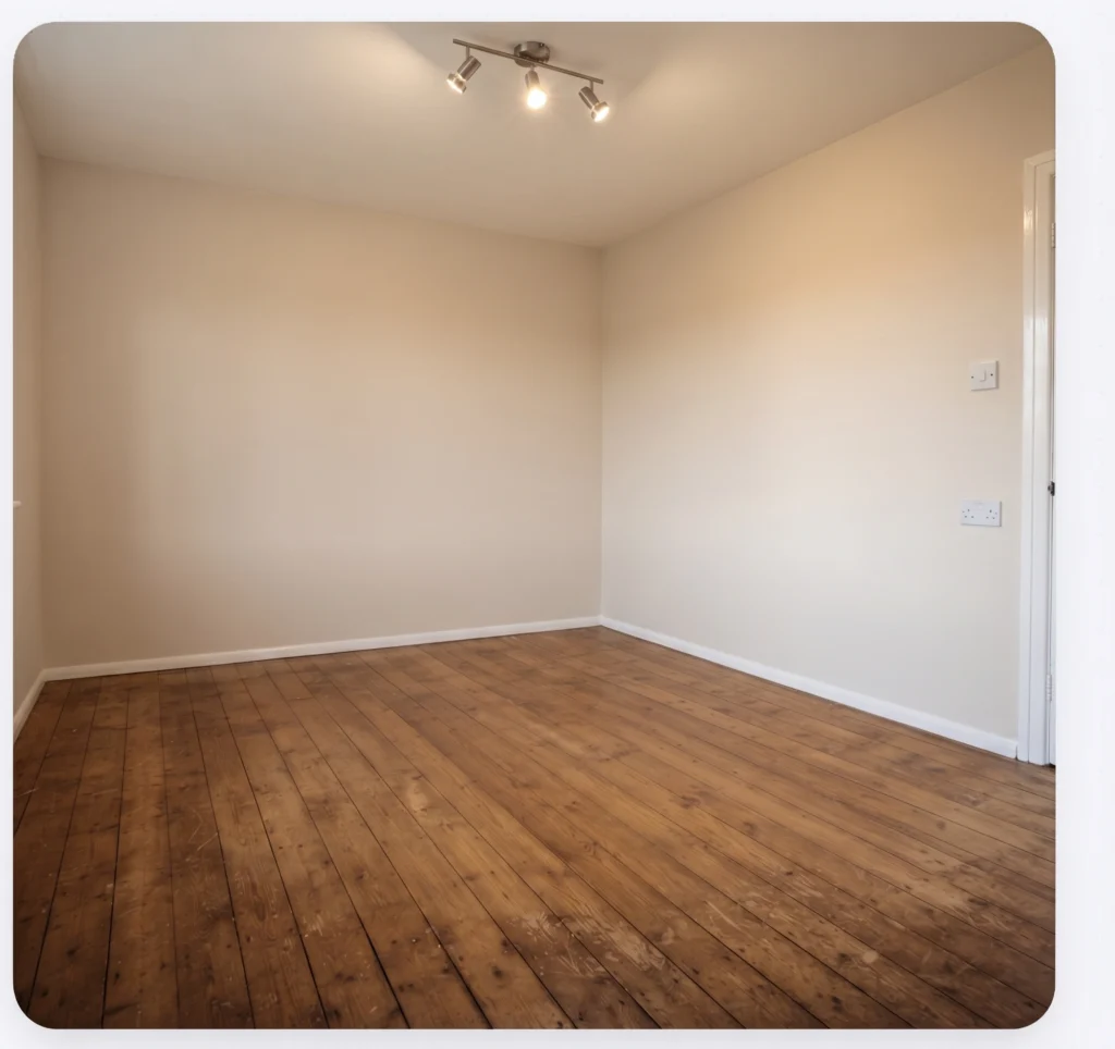 The same room skimmed and painted with new flooring and recessed lighting