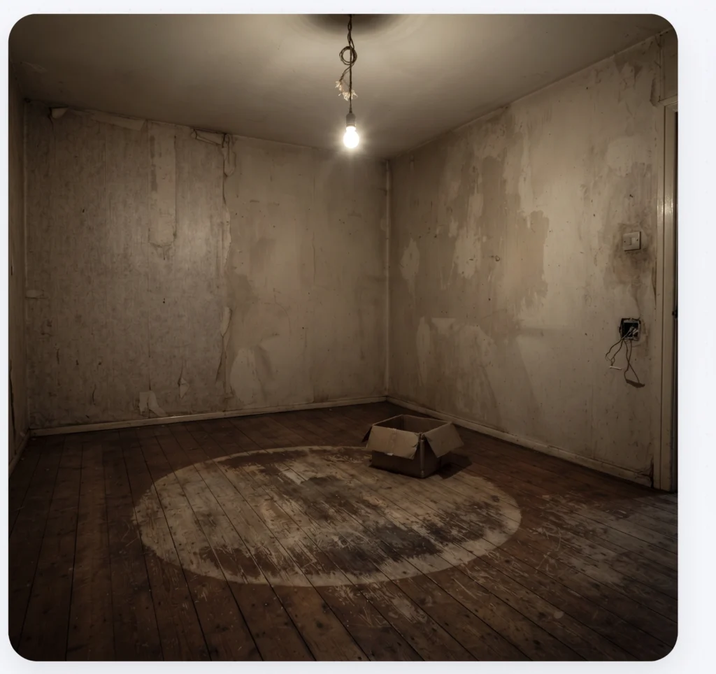 Tired room in Islamabad with patchy walls, worn flooring and a bare bulb