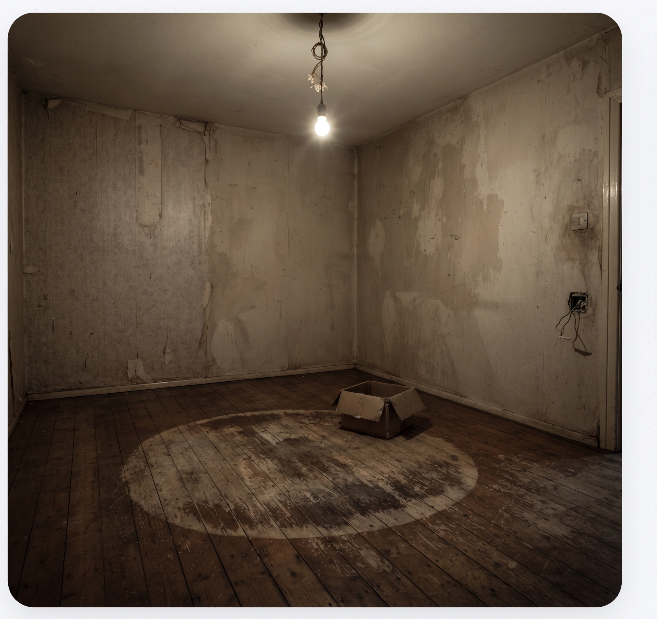 Tired room in Islamabad with patchy walls, worn flooring and a bare bulb