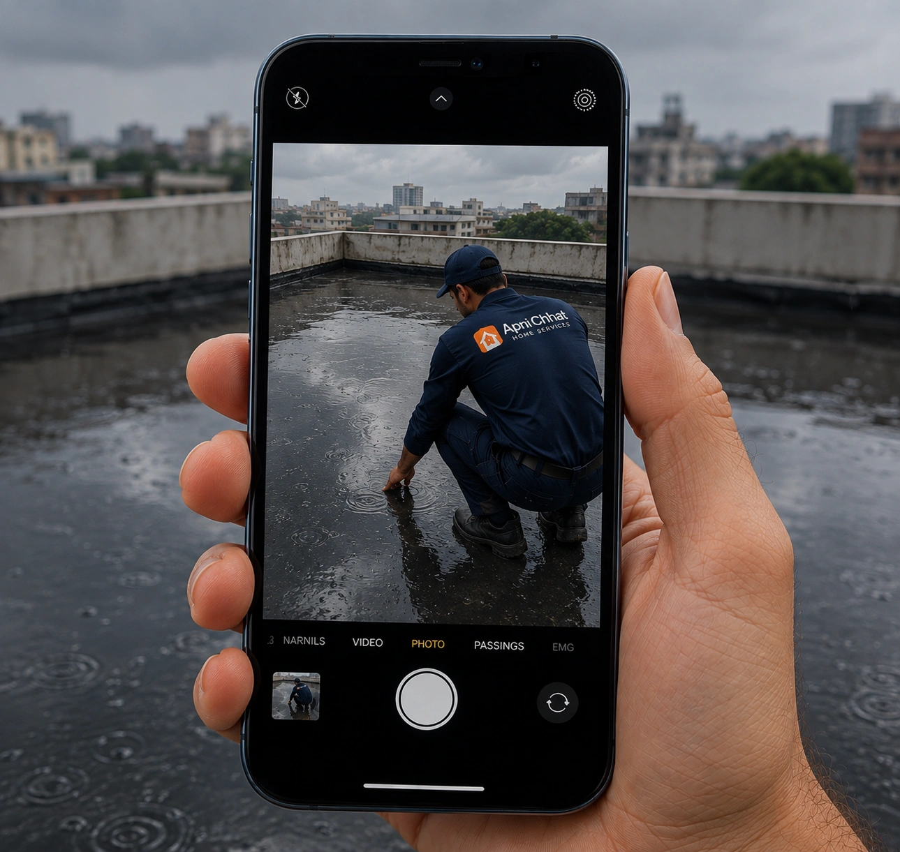 Customer photographing a wet roof after rain to send on WhatsApp