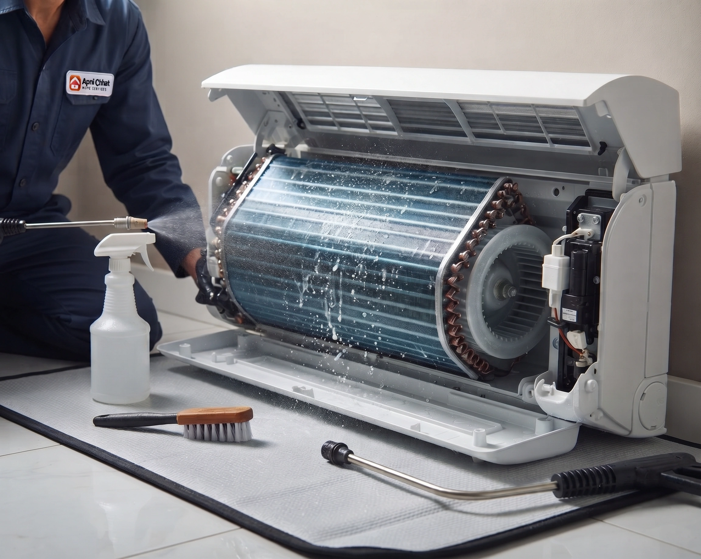 Apni Chhat technician deep cleaning a split AC coil in Islamabad
