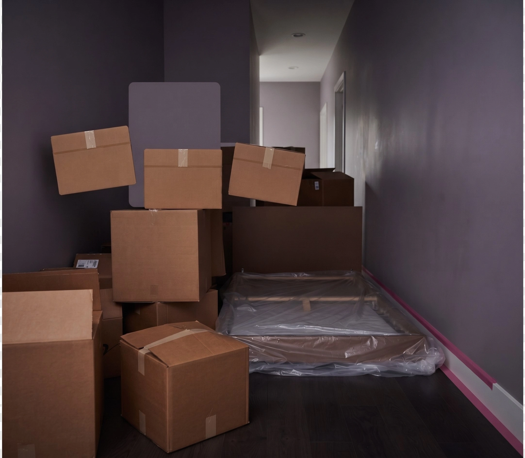 New house in Islamabad with boxes dumped across the hall and a bed frame still in pieces