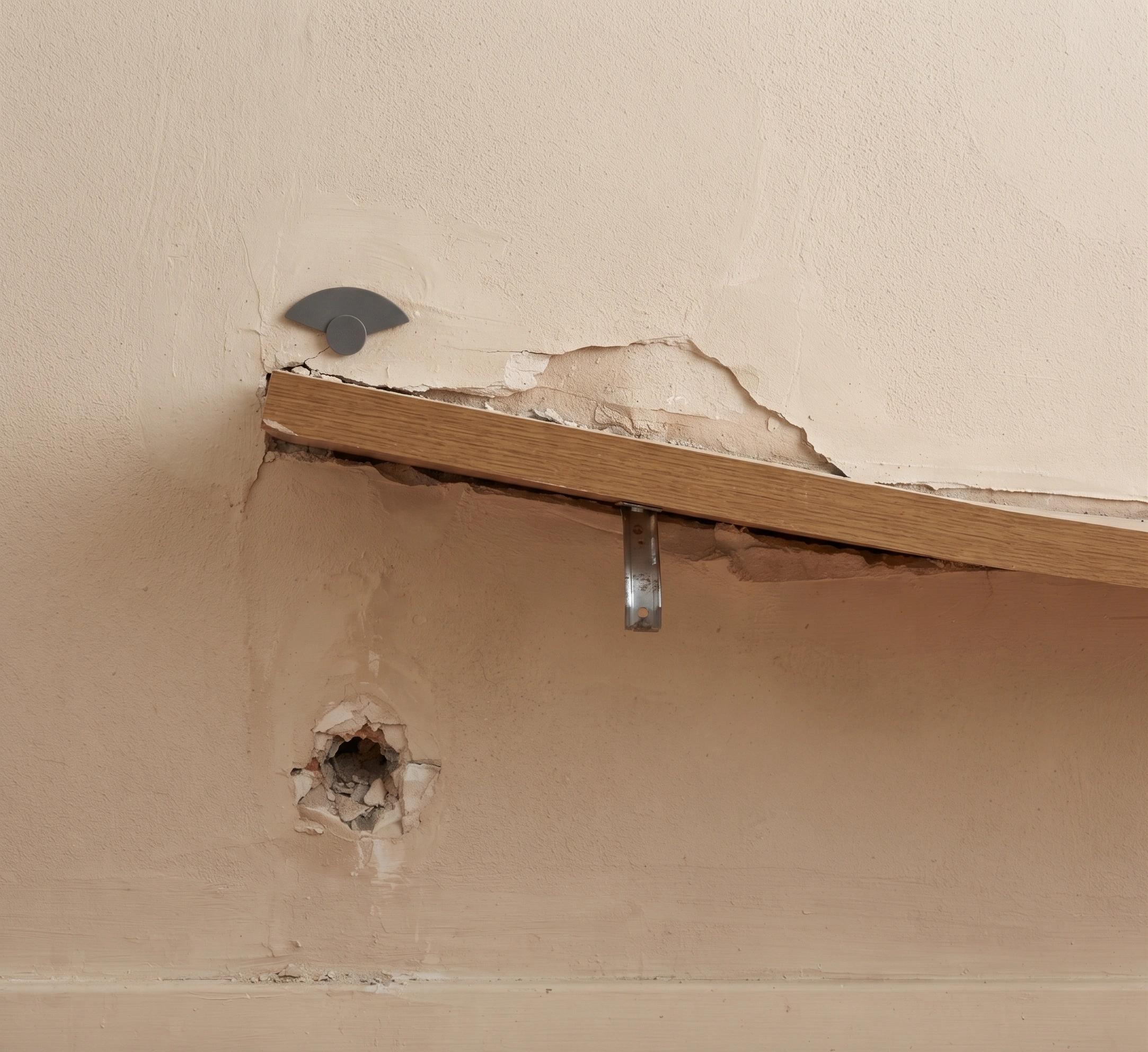 Shelf in an Islamabad home pulling out of the wall with the plaster torn