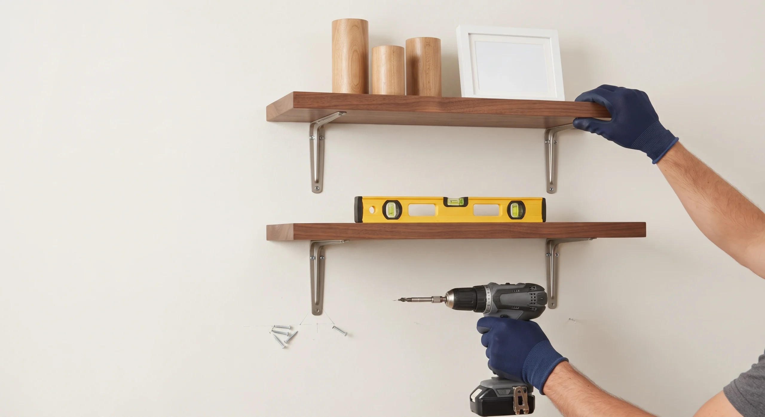 Shelf being fixed level to a wall by an Apni Chhat carpenter
