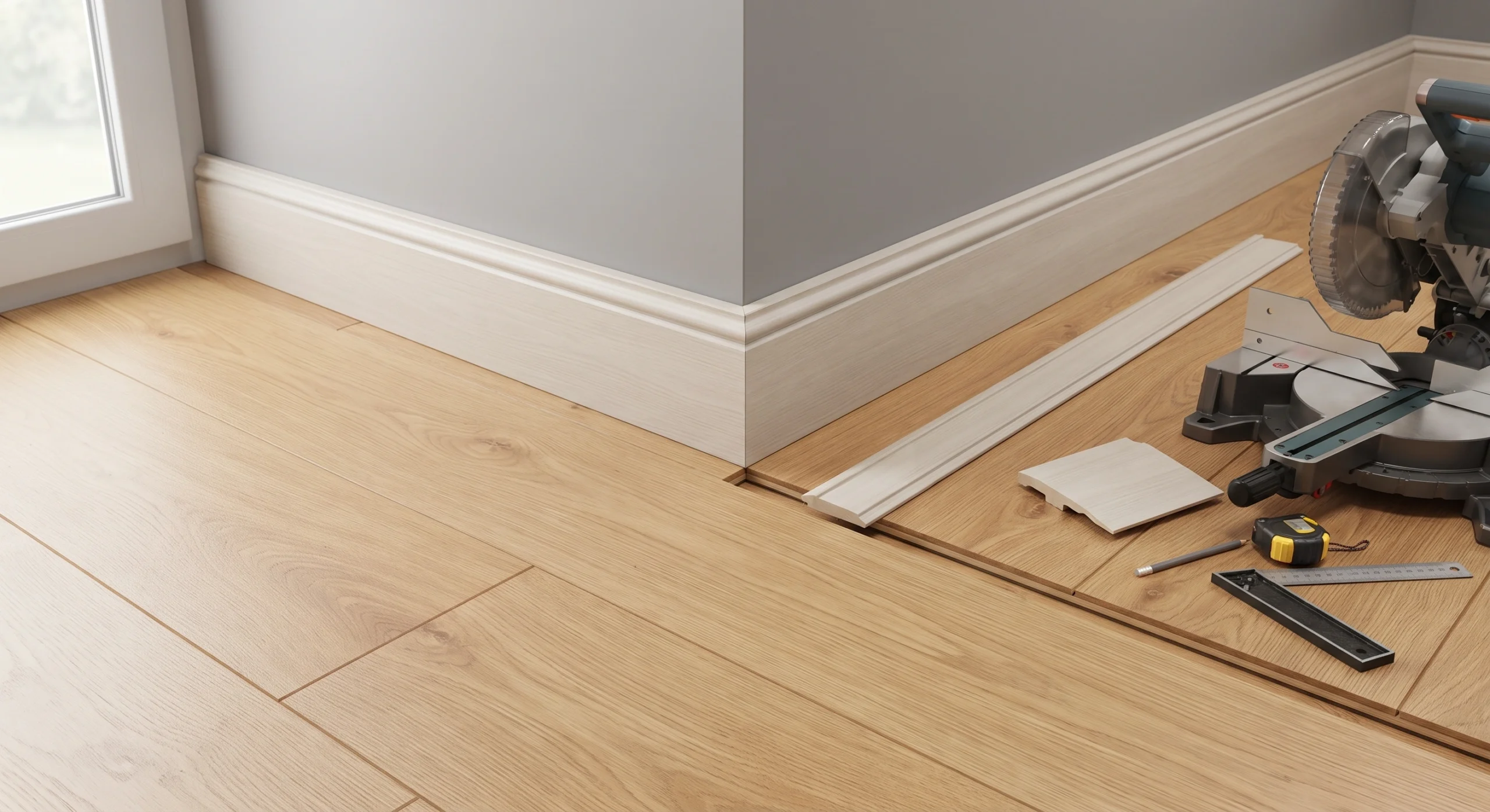 Skirting and trim being mitred and fixed to match the floor