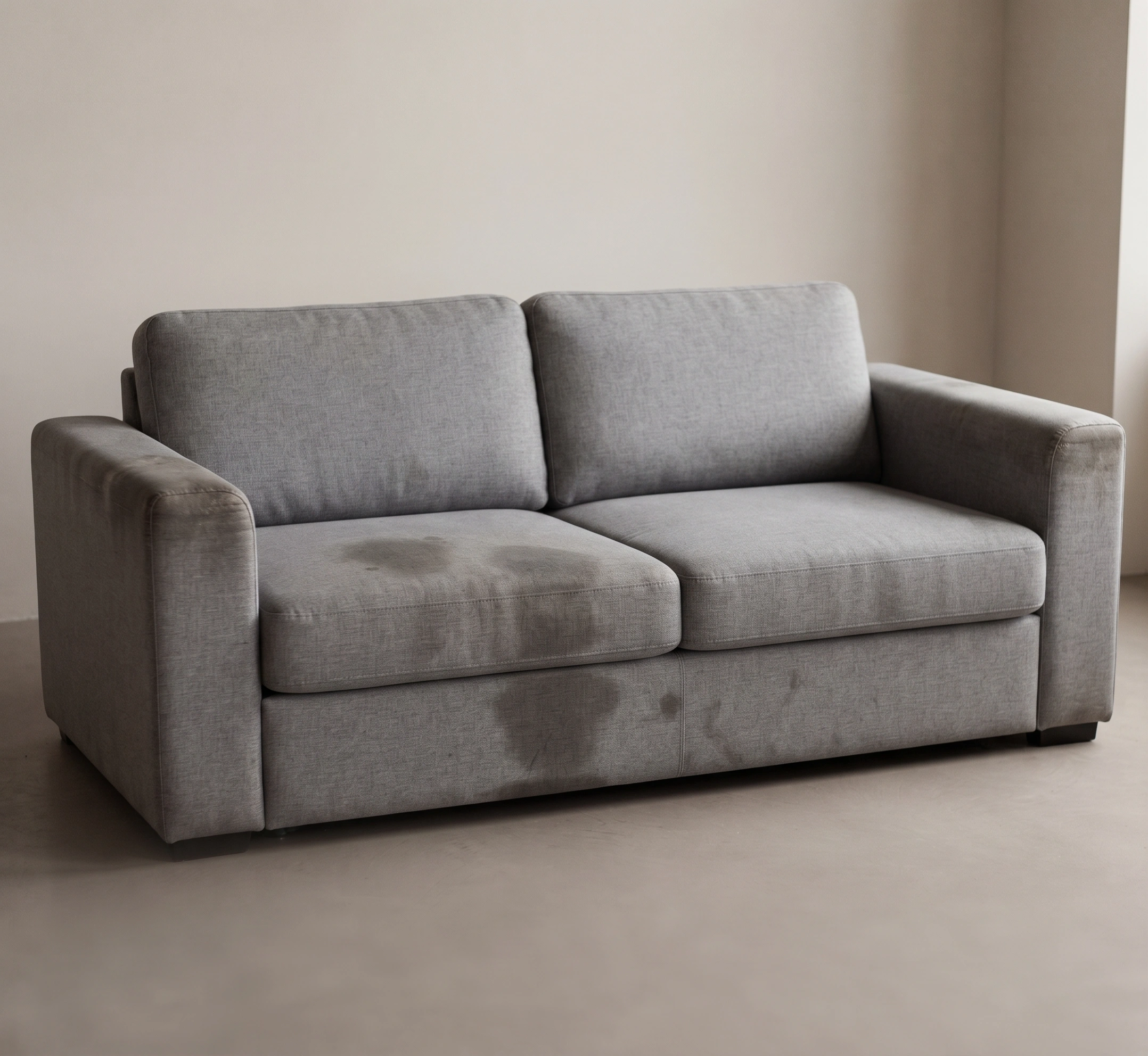 Fabric sofa in Islamabad before cleaning, grey with use and marked with set-in stains
