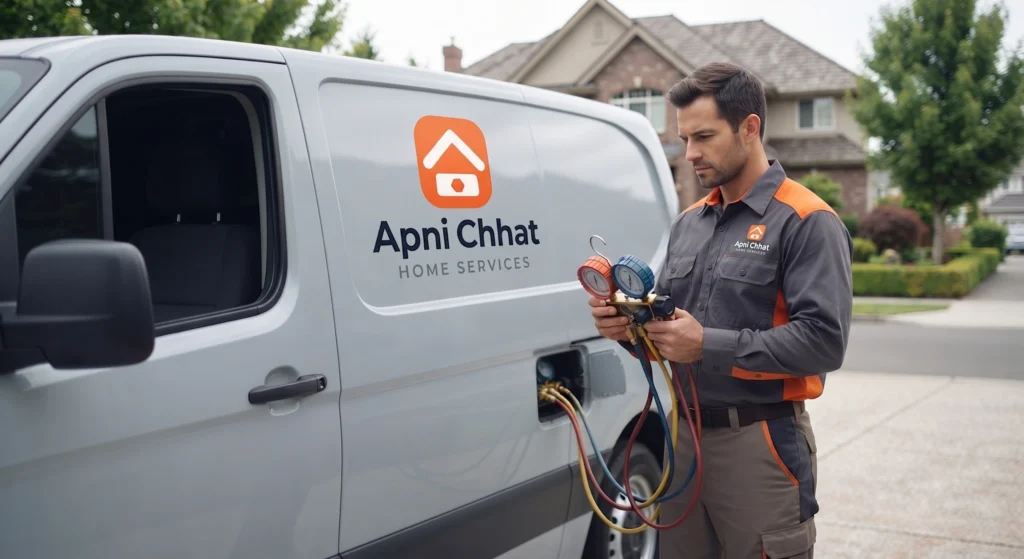 Apni Chhat technician arriving with manifold gauges to test an AC