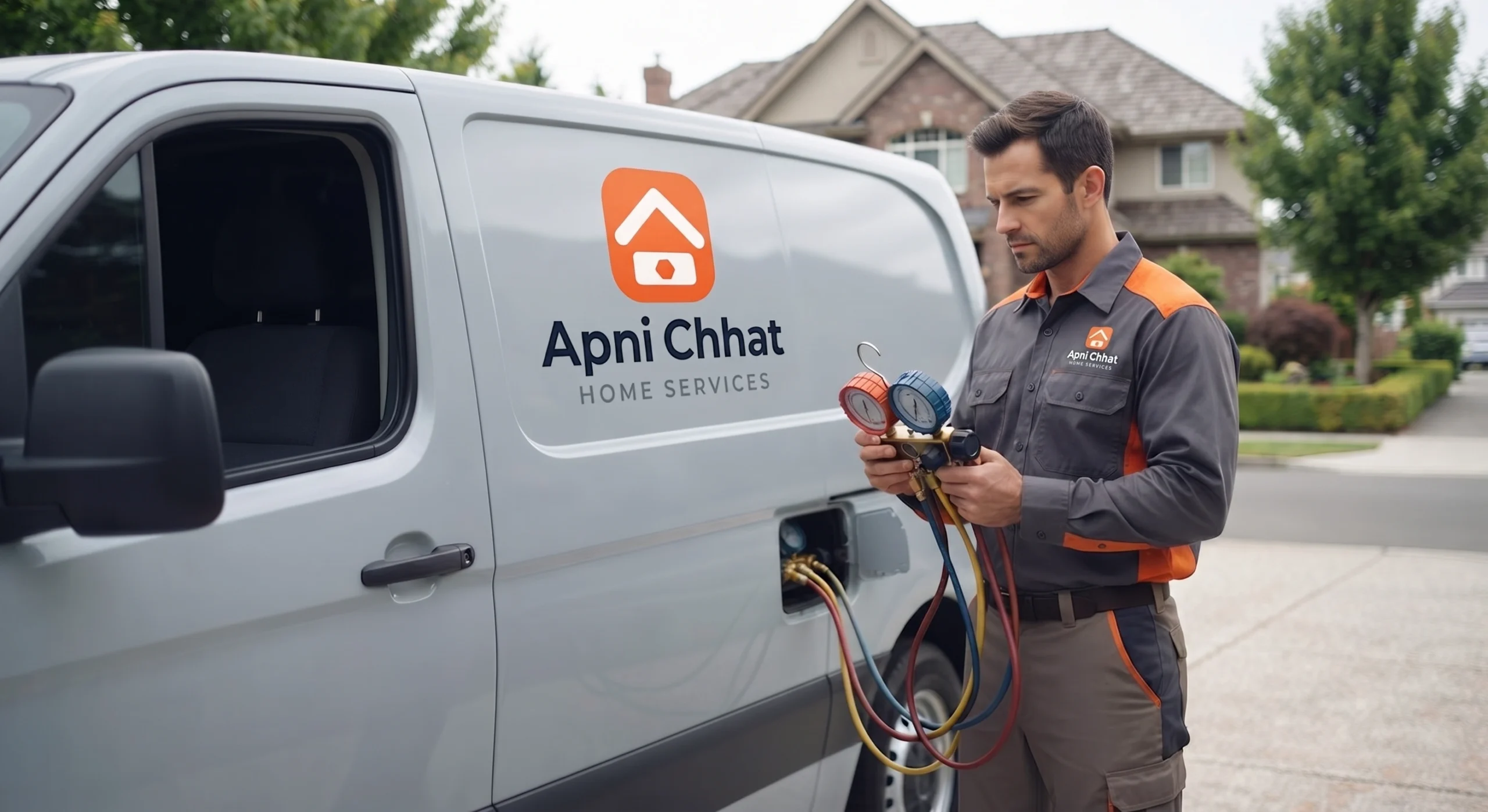 Apni Chhat technician arriving with manifold gauges to test an AC