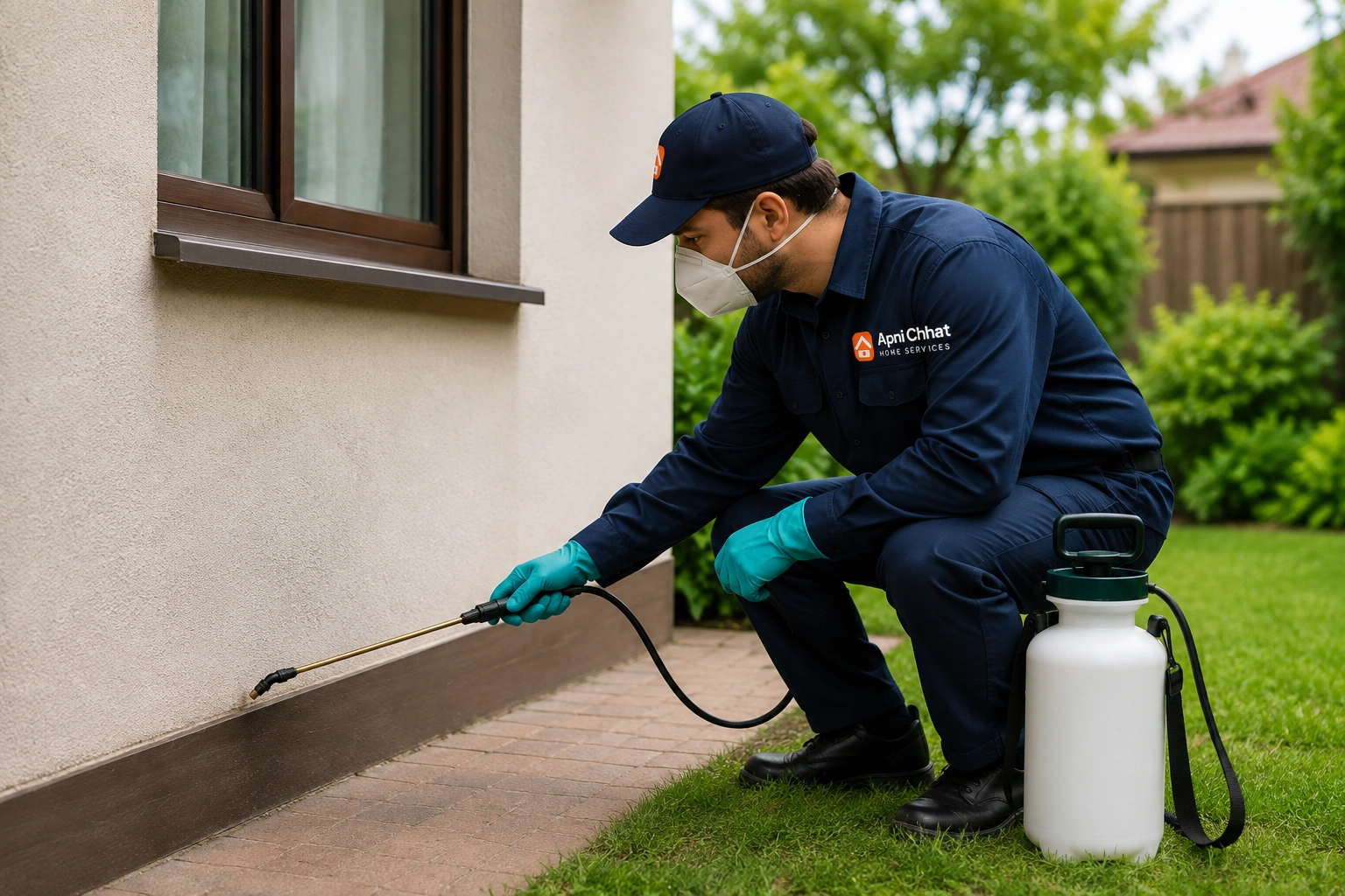 Apni Chhat pest control technician treating a room in protective kit