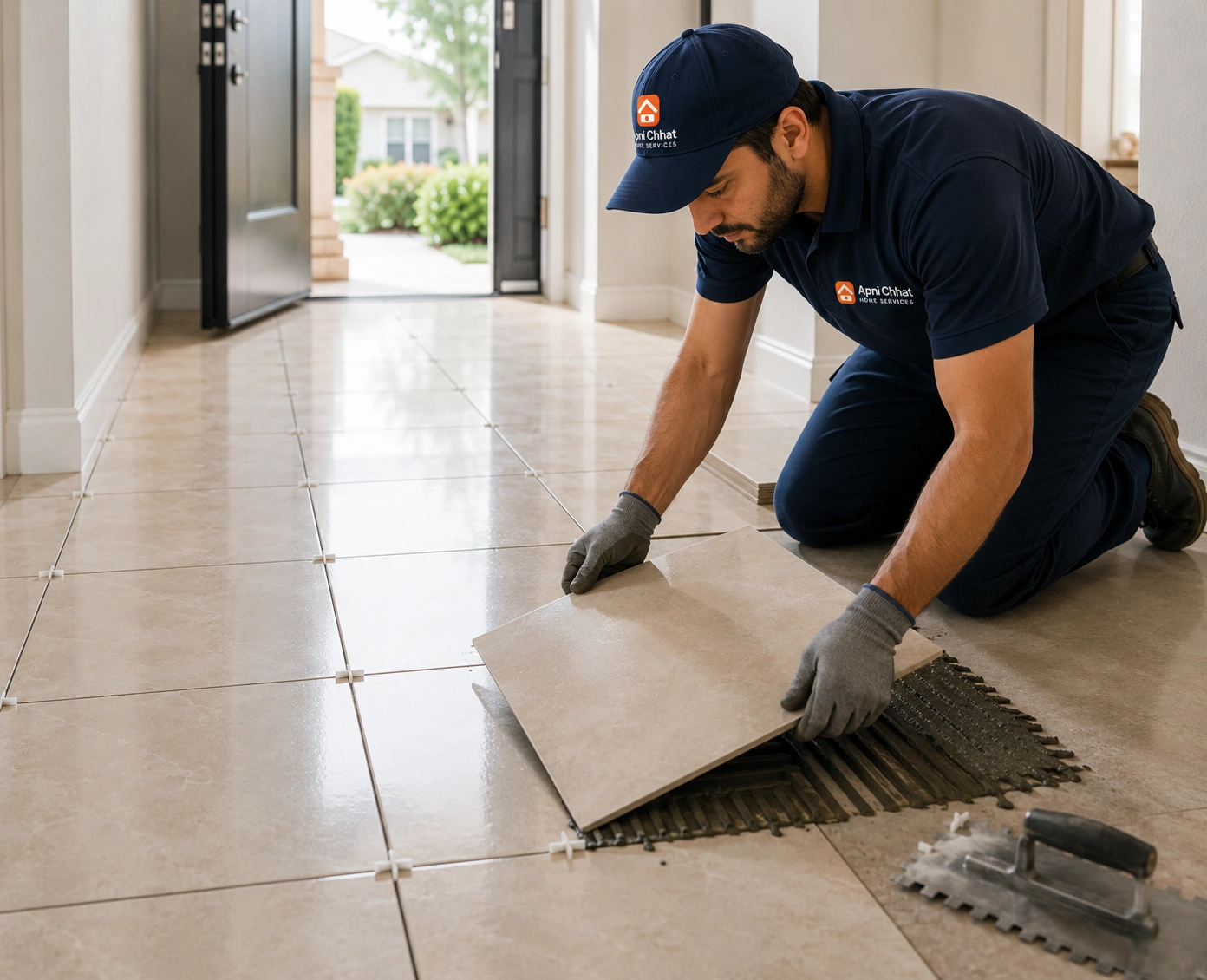 Apni Chhat tiler marking out the first line before laying tiles