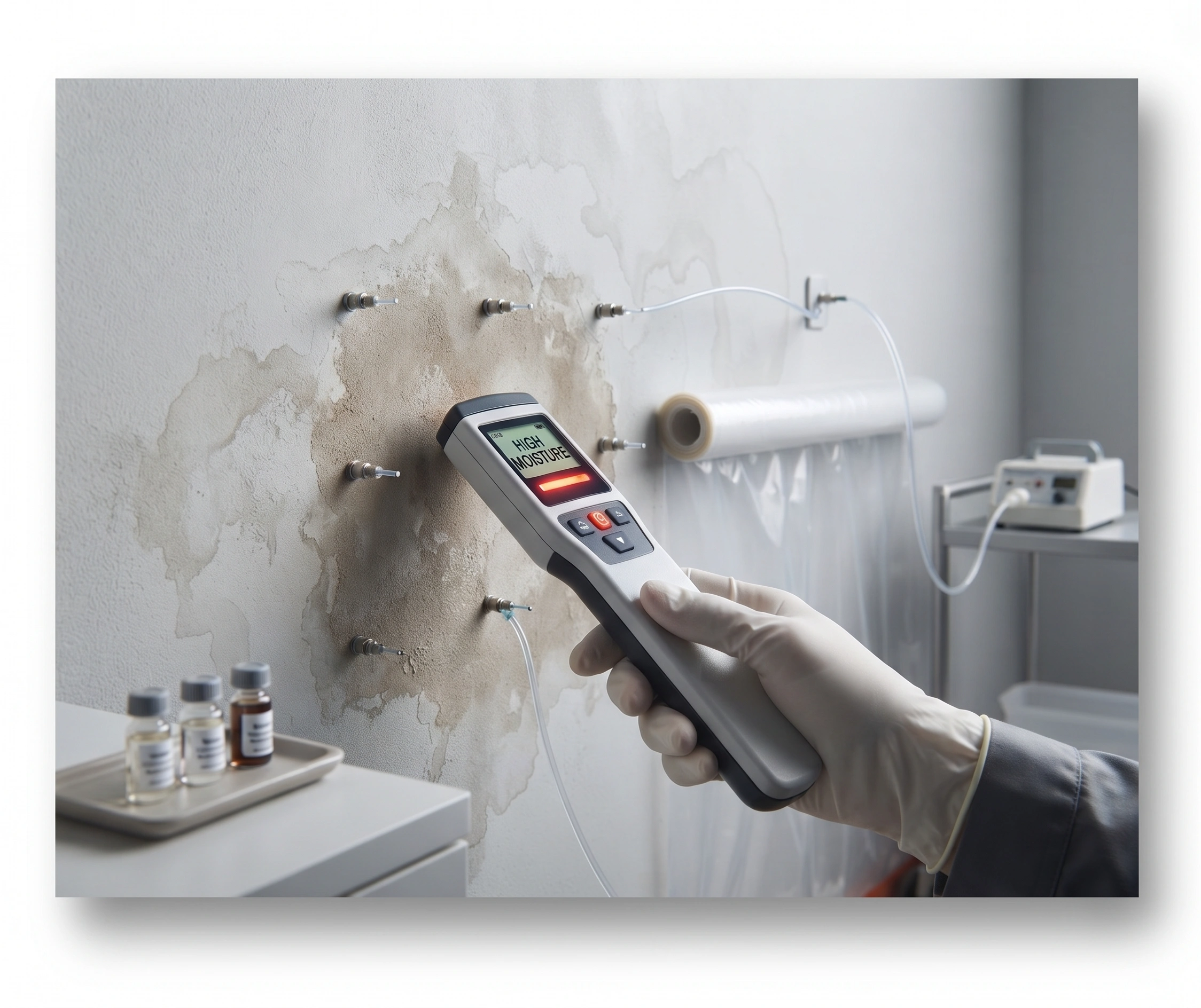 Wall seepage being traced with a damp meter in an Islamabad home