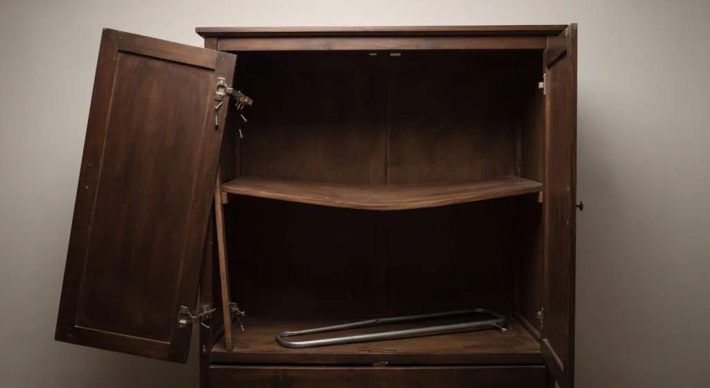 Wardrobe in Islamabad with a door hanging off its hinge and a sagging shelf