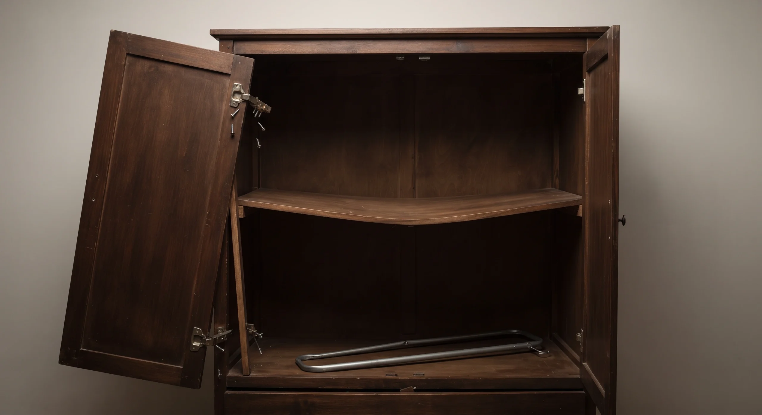 Wardrobe in Islamabad with a door hanging off its hinge and a sagging shelf