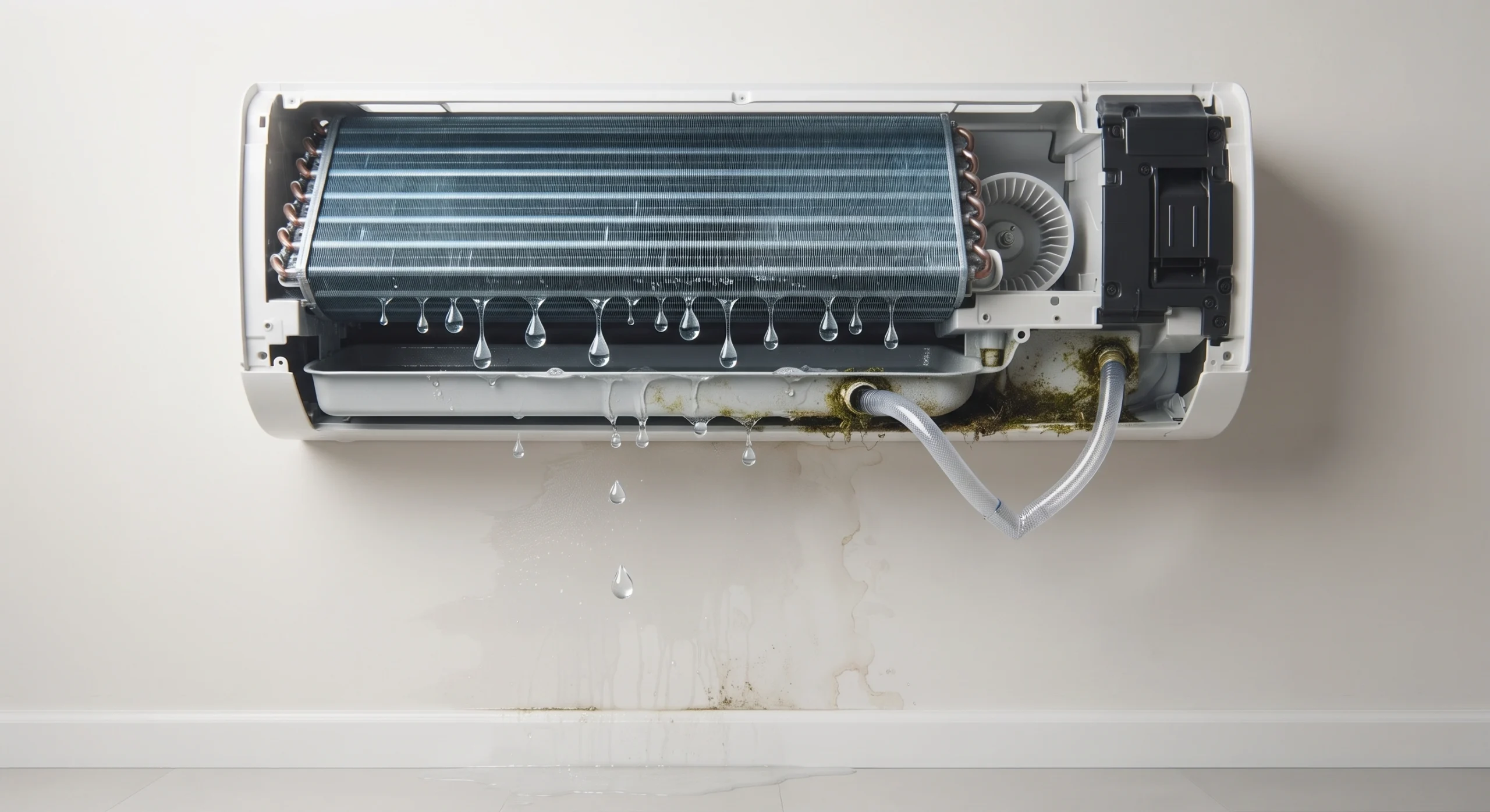 Water dripping from an indoor AC unit onto the wall below