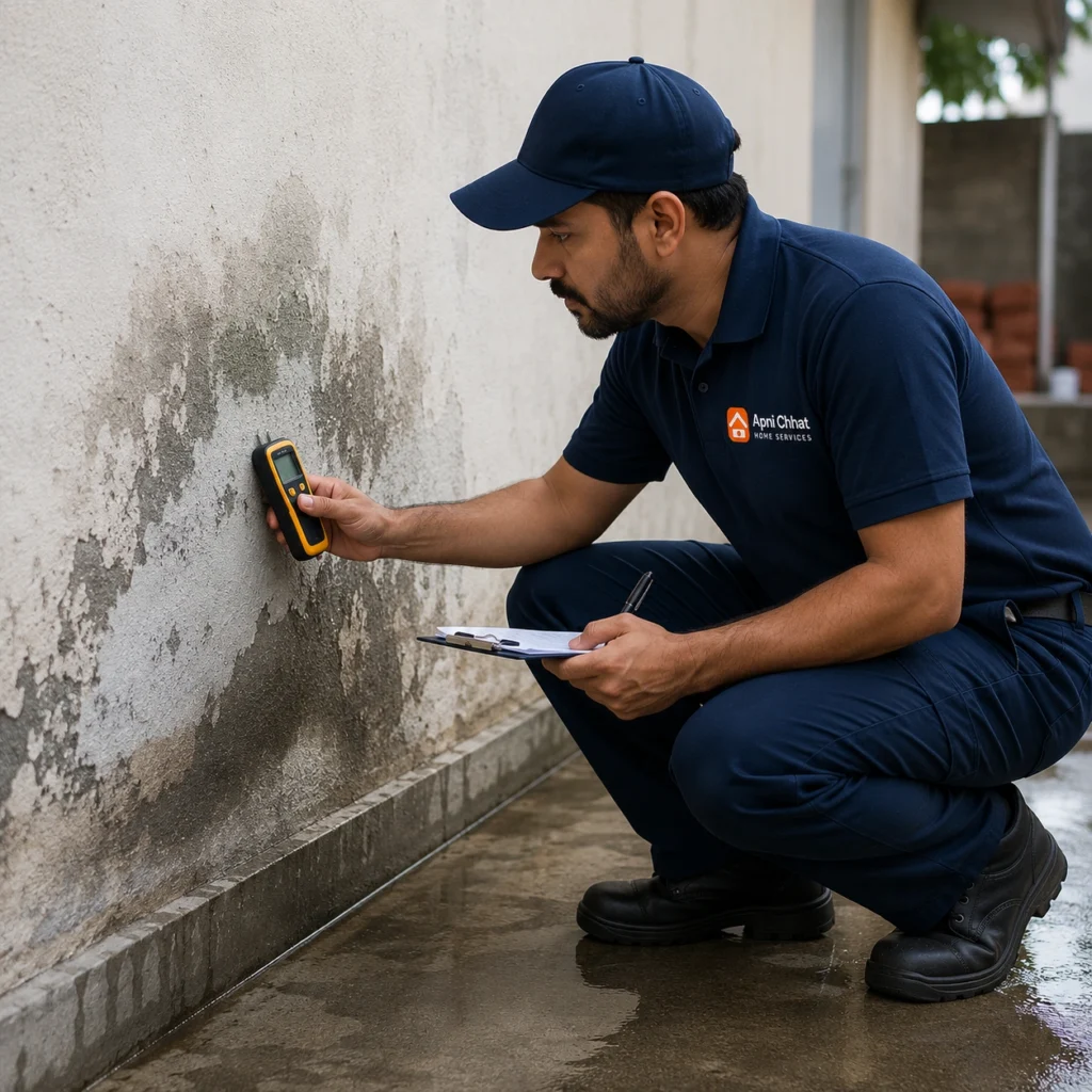Apni Chhat surveyor taking damp meter readings to find the cause of a leak
