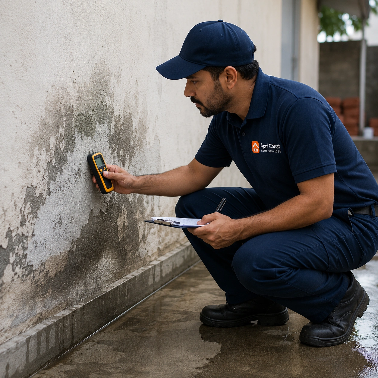 Apni Chhat surveyor taking damp meter readings to find the cause of a leak