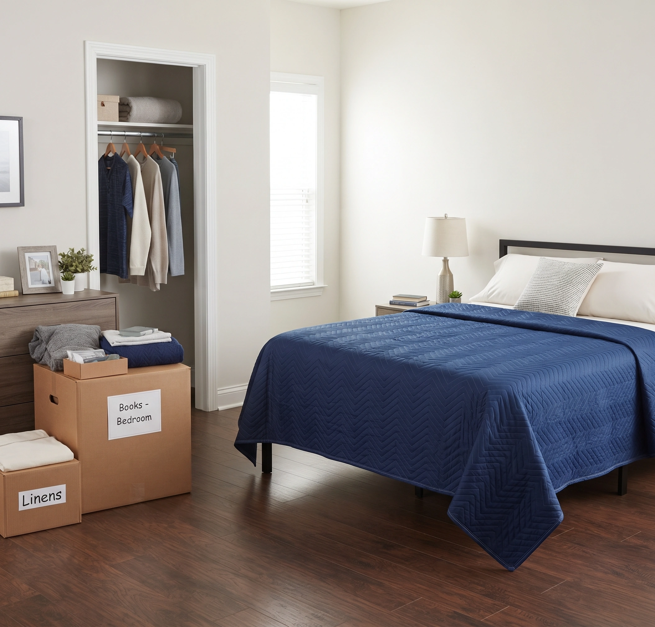 Furniture wrapped and loaded, with boxes carried to the right room