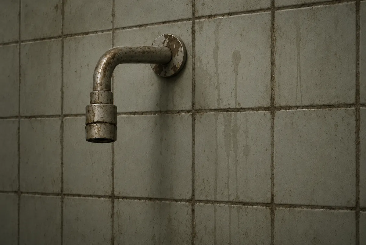 Bathroom with stained grout, limescale and mould before deep cleaning